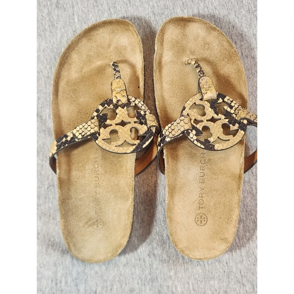 Tory Burch Miller Cloud Snakeskin Leather Thong Sandals Tan Black Womens 8